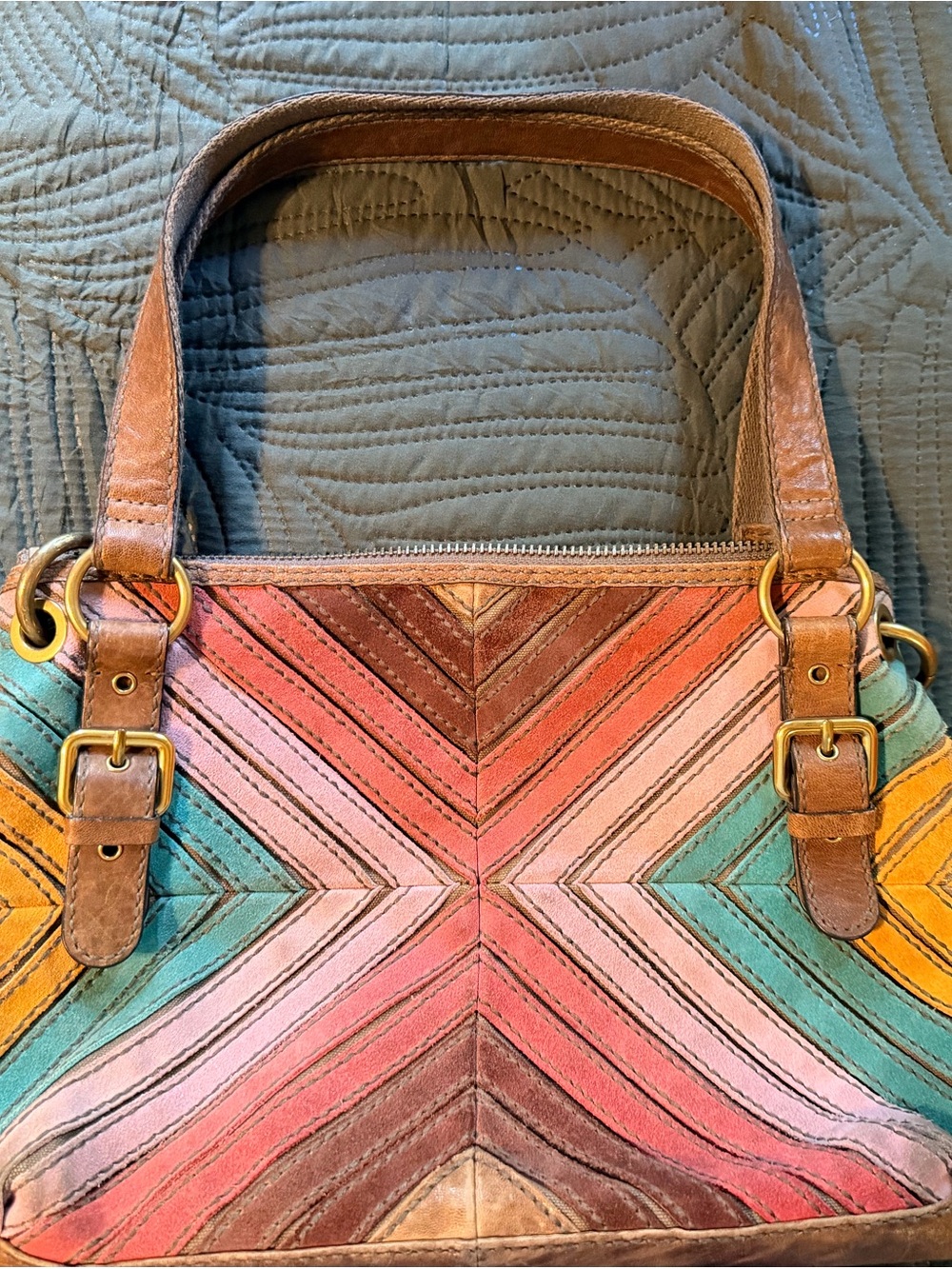 Fossil Multicolor Chevron Leather Shoulder Bag - Brown Trim